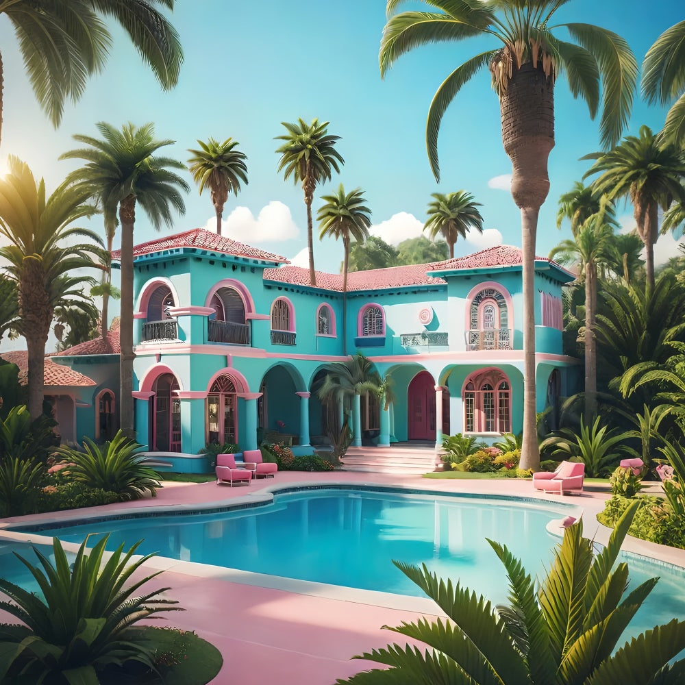 Summer Photo Backdrop Villa Palm Tree Pool Backdrop GTY3-297