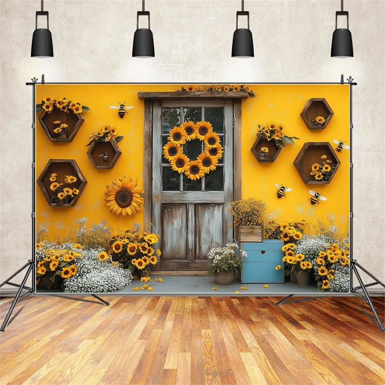 Sunflower Photo Backdrop Rustic Door Sunflower Summer Backdrop GTY3-311