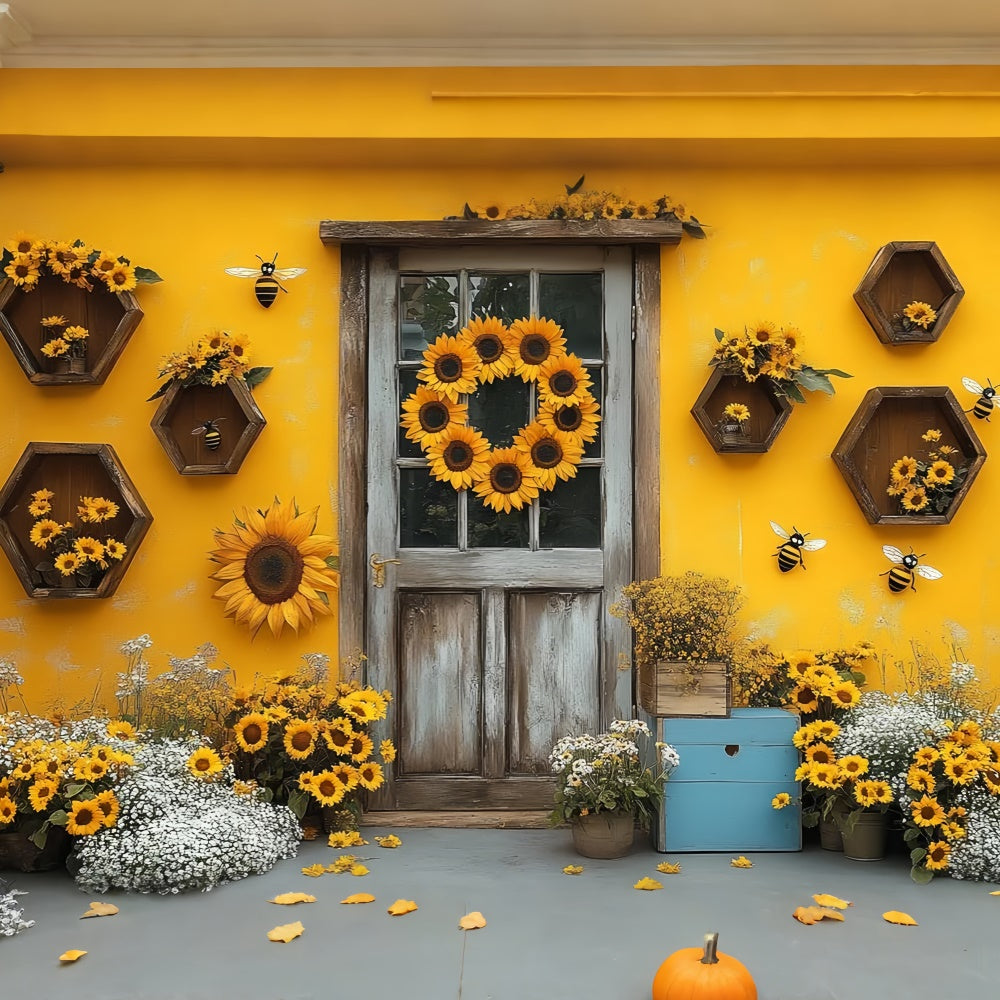 Sunflower Photo Backdrop Rustic Door Sunflower Summer Backdrop GTY3-311