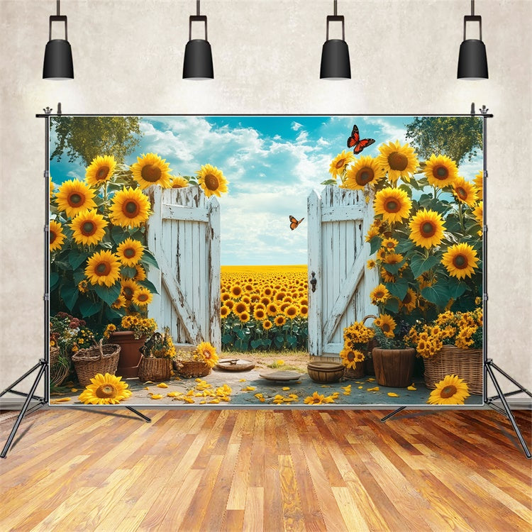 Sunflower Photo Backdrop Rustic Gate Sunflower Summer Backdrop GTY3-398