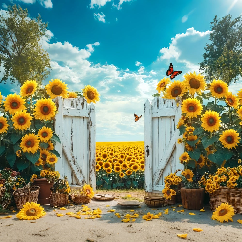 Sunflower Photo Backdrop Rustic Gate Sunflower Summer Backdrop GTY3-398