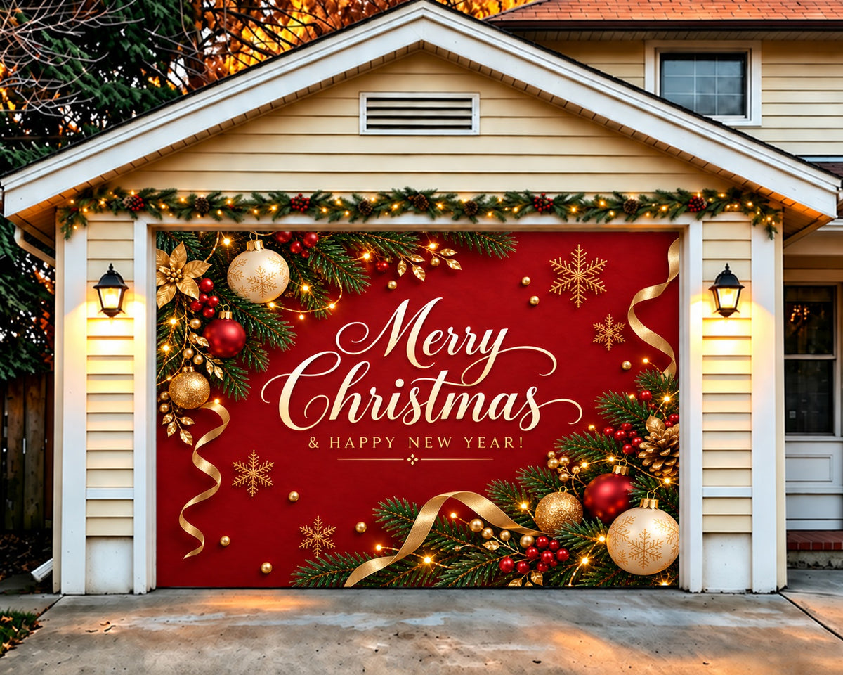 Merry Christmas Garage Door Cover Red Gold Garland Christmas Holiday Garage Door Cover HQ610-1-1 Car