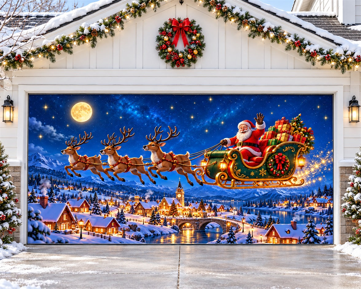 Snowy Village Christmas Garage Door Banner Santa Sleigh Starlight Christmas Garage Door Banner Decoration HQ610-102-2 Car