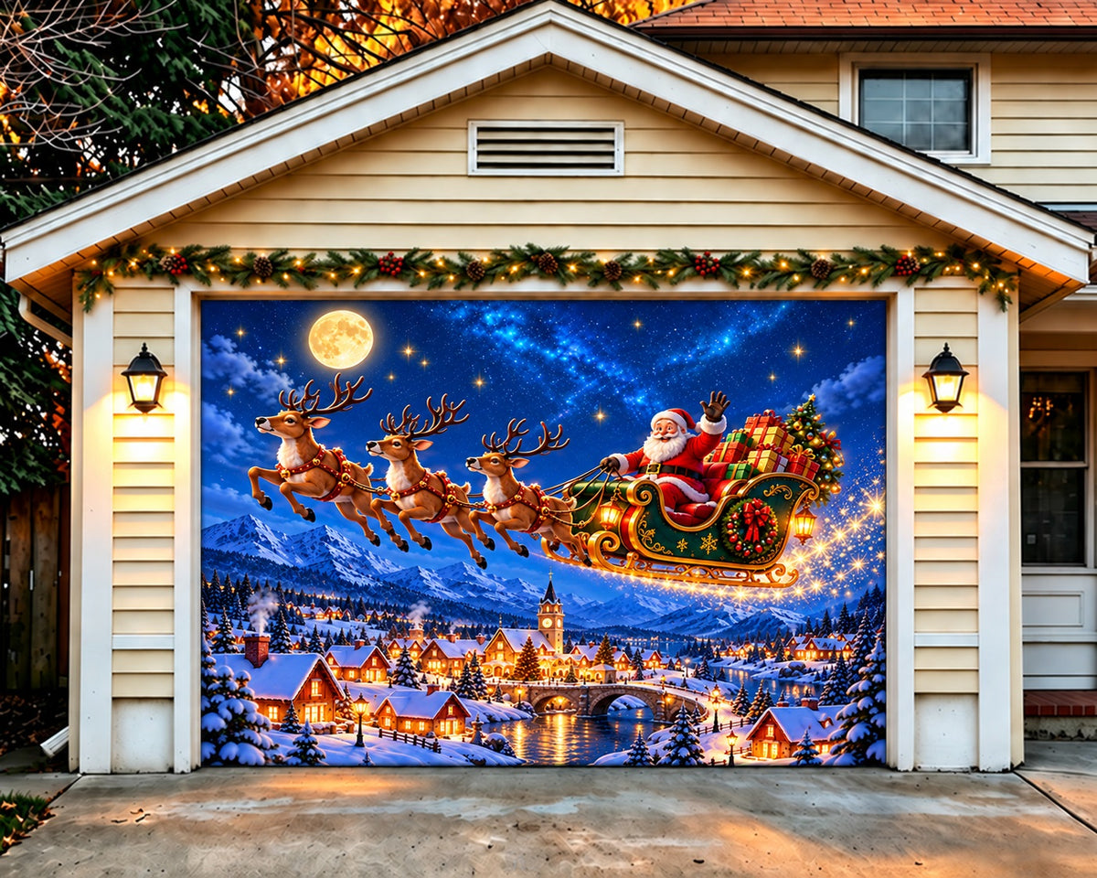 Snowy Village Christmas Garage Door Banner Santa Sleigh Starlight Christmas Garage Door Banner Decoration HQ610-102-1 Car