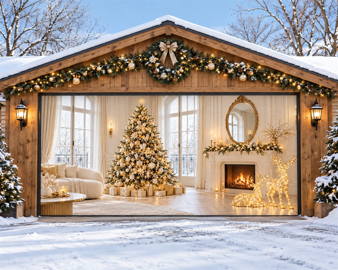 Elegant Christmas Garage Door Cover Fireplace Reindeer Livingroom Christmas Garage Door Decoration HQ610-104-2 Car