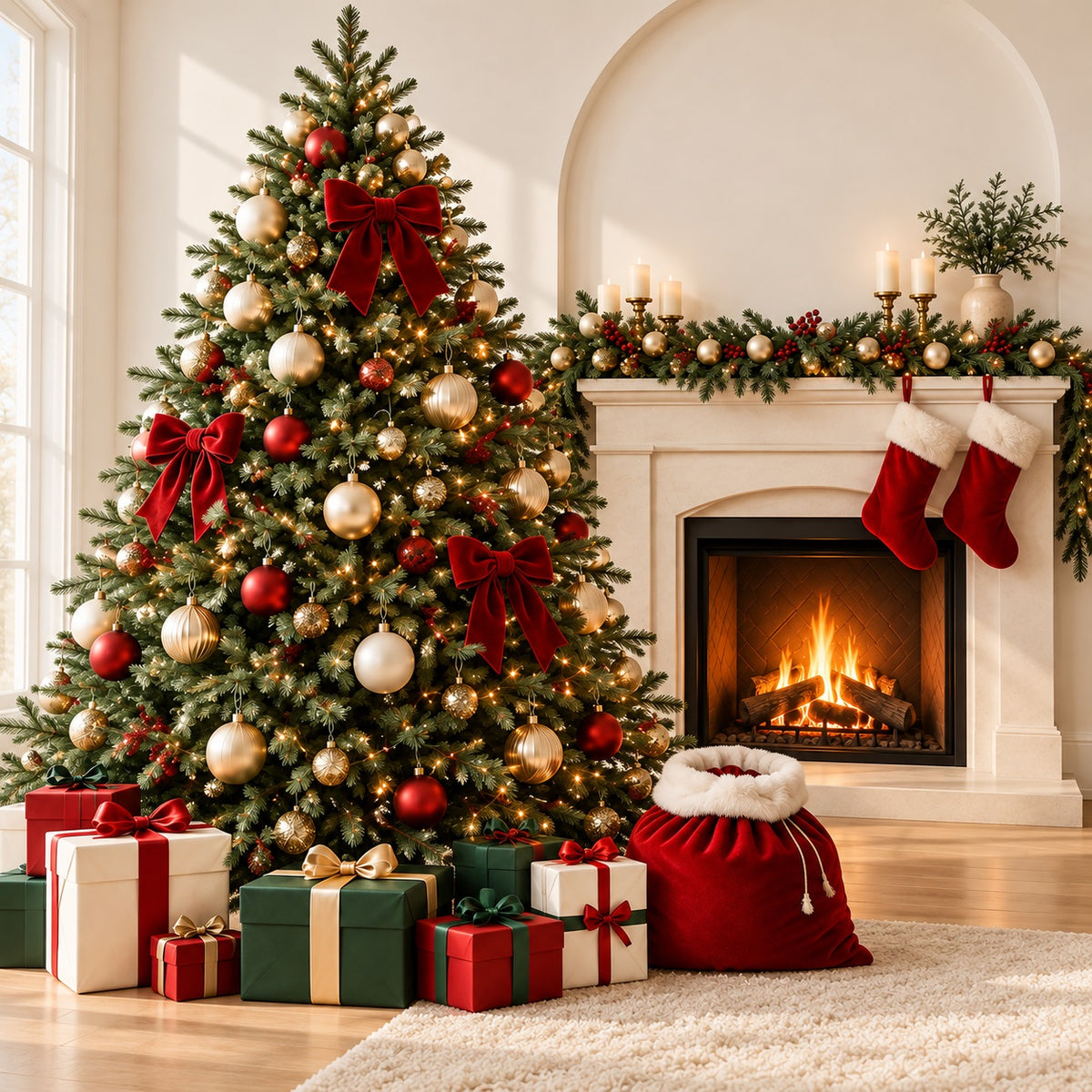 Modern Christmas Garage Door Cover Red Bow Fireplace Christmas Garage Door Decor HQ610-105-1 Car