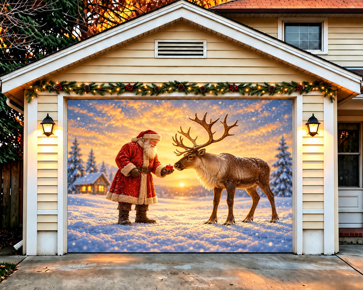 Santa Reindeer Christmas Garage Door Cover Snowy Sunset Apple Outdoor Christmas Garage Door Decoration HQ610-107-1 Car