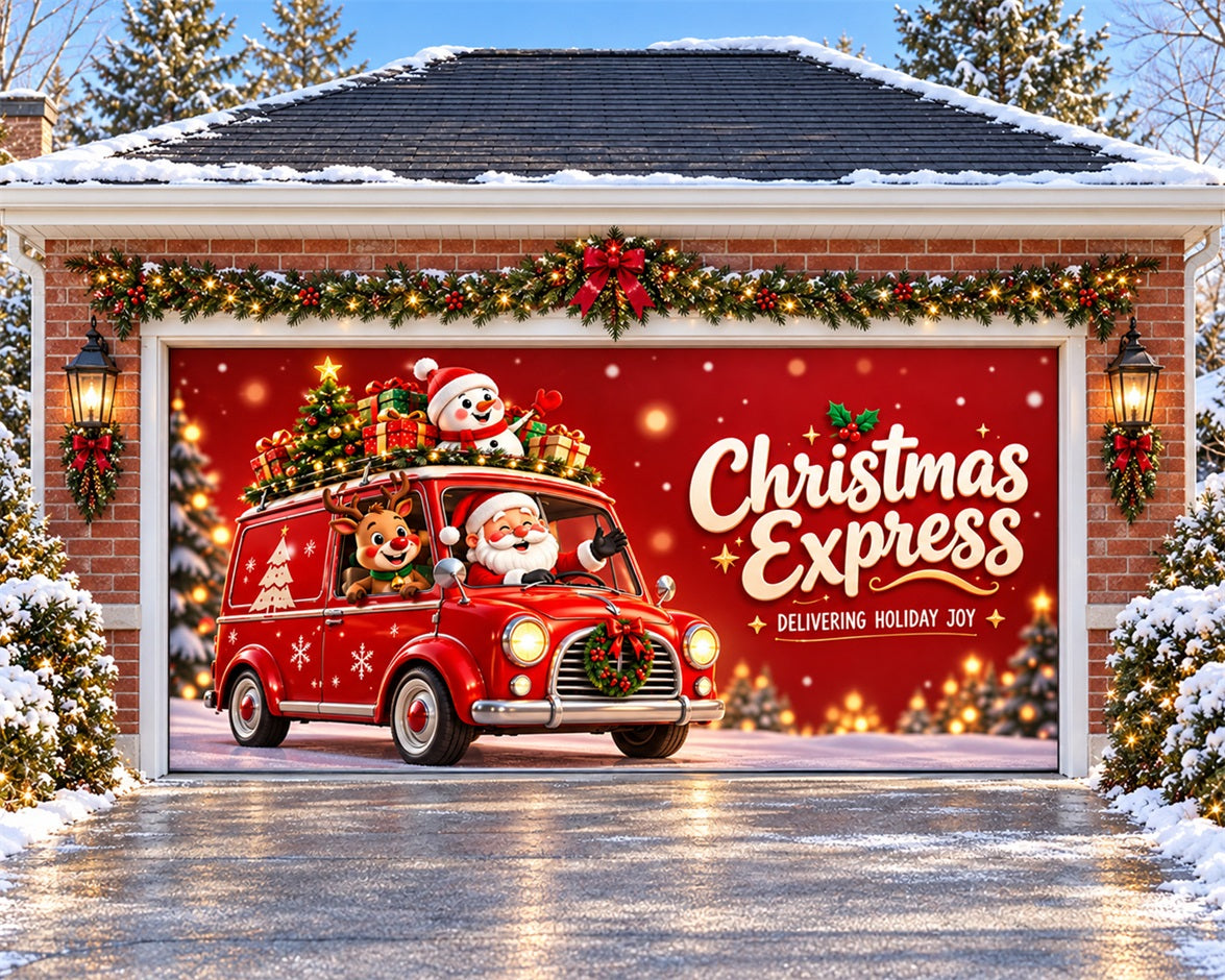Christmas Party Garage Door Cover Express Red Truck Outdoor Christmas Garage Door Cover HQ610-108-2 Car