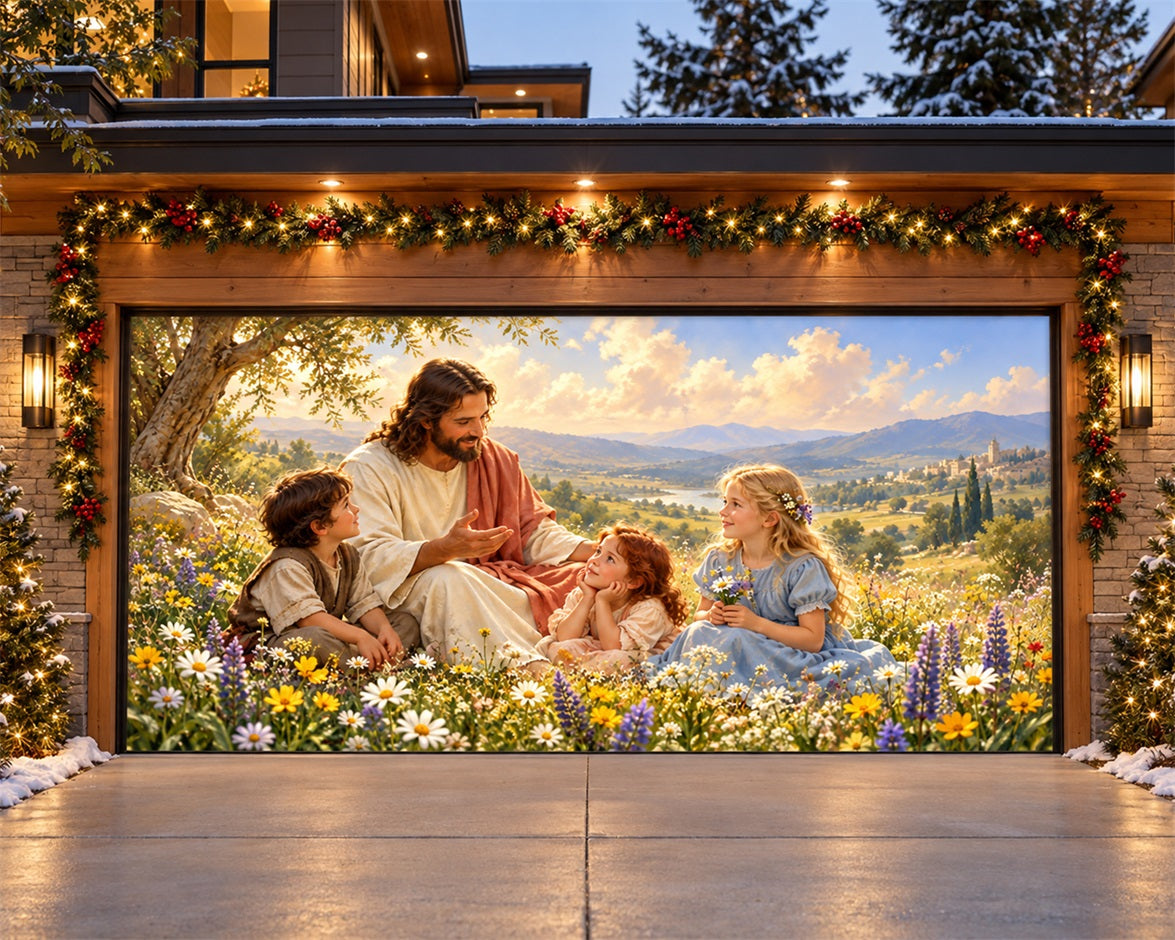 Religious Christmas Garage Door Cover Jesus Children Wildflowers Christmas Outdoor Garage Door Decor HQ610-11-2 Car