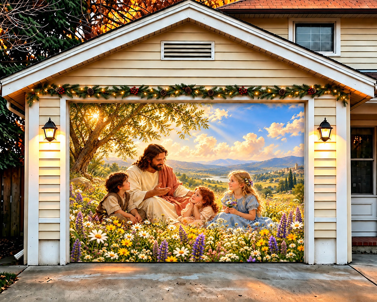 Religious Christmas Garage Door Cover Jesus Children Wildflowers Christmas Outdoor Garage Door Decor HQ610-11-1 Car