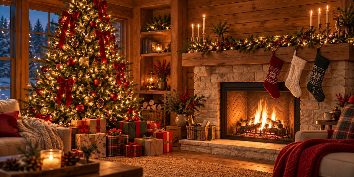 Room Scene Christmas Garage Door Cover Rustic Fireplace Gifts Outdoor Christmas Garage Door Cover HQ610-117-2 Car