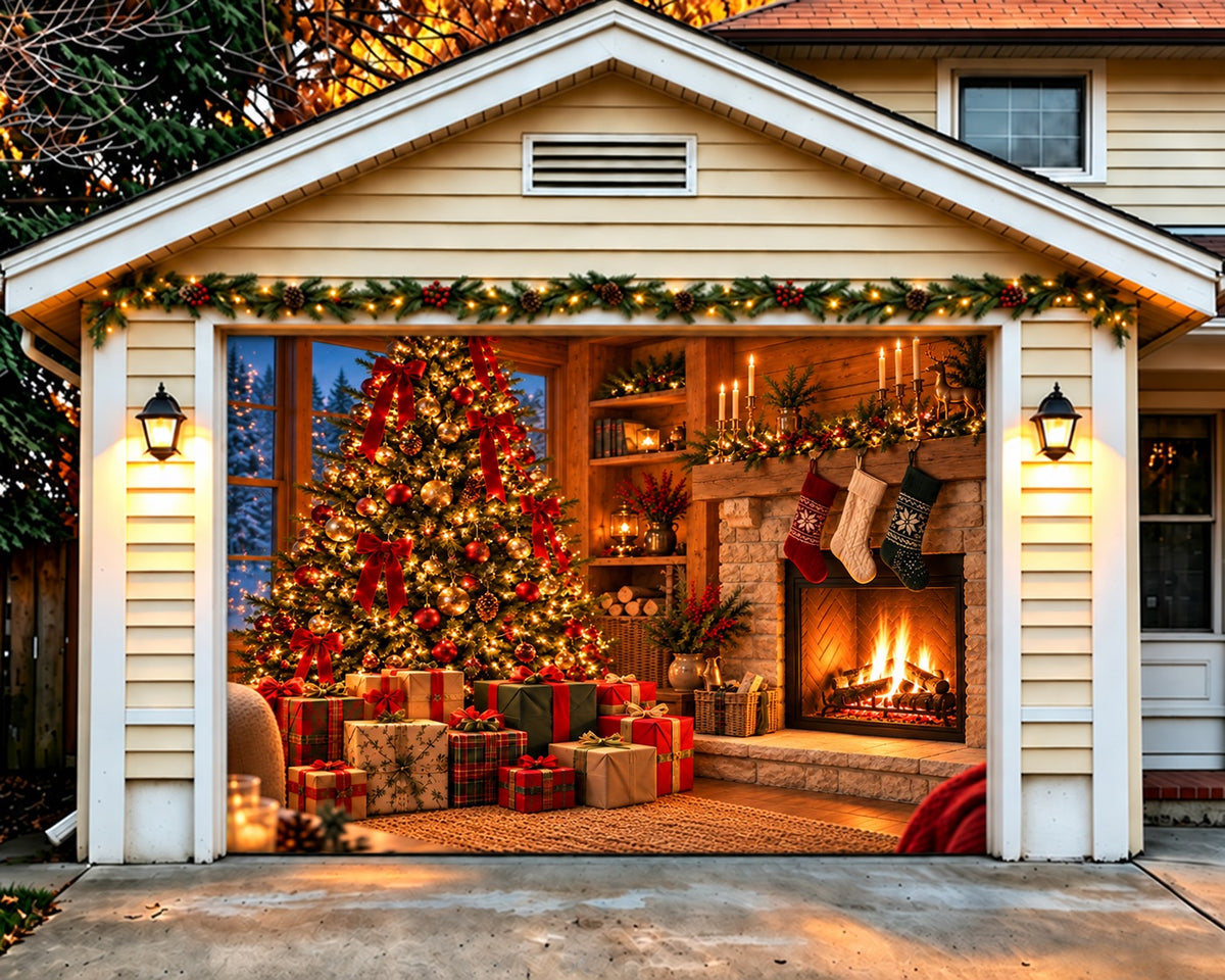 Room Scene Christmas Garage Door Cover Rustic Fireplace Gifts Outdoor Christmas Garage Door Cover HQ610-117-1 Car