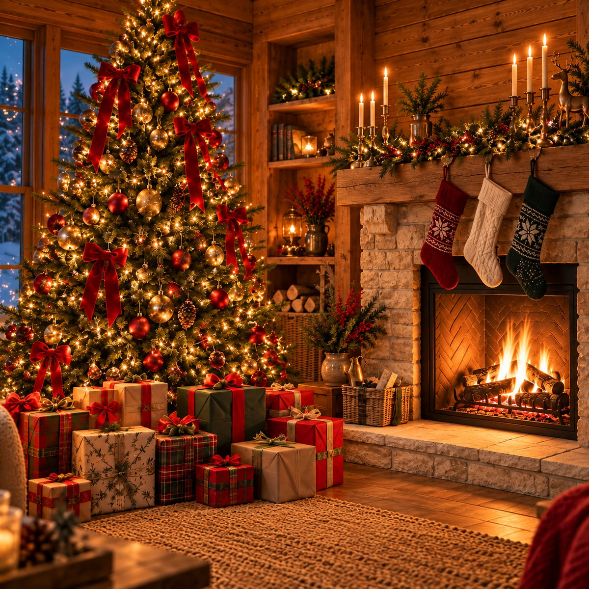 Room Scene Christmas Garage Door Cover Rustic Fireplace Gifts Outdoor Christmas Garage Door Cover HQ610-117-1 Car
