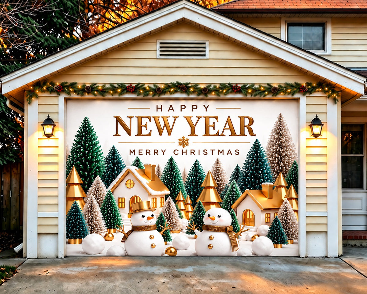 Christmas Party Garage Door Cover Golden Snowman Village Christmas Holiday Garage Door Cover HQ610-118-1 Car