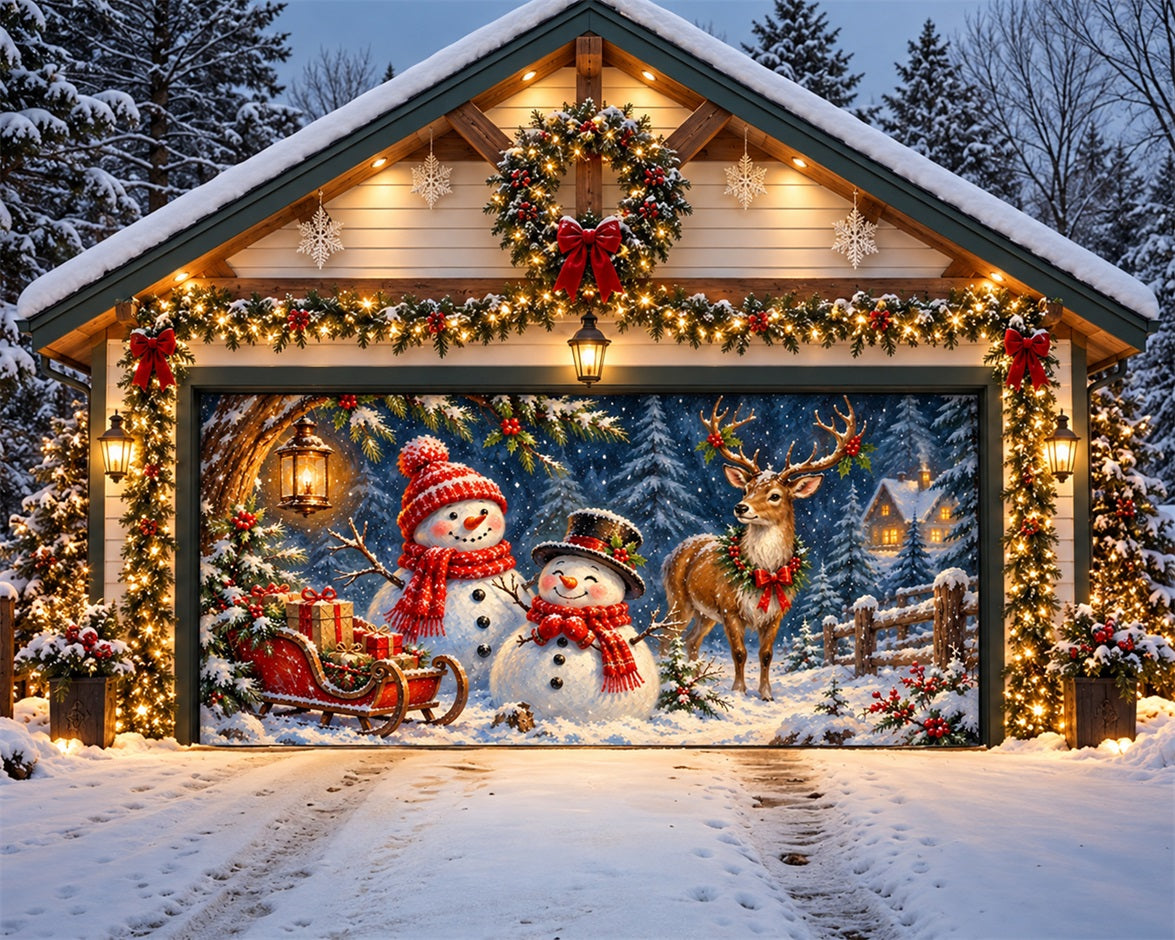 Winter Wonderland Christmas Garage Door Cover Snowmen Reindeer Forest Christmas Garage Door Banner Decoration HQ610-12-2 Car