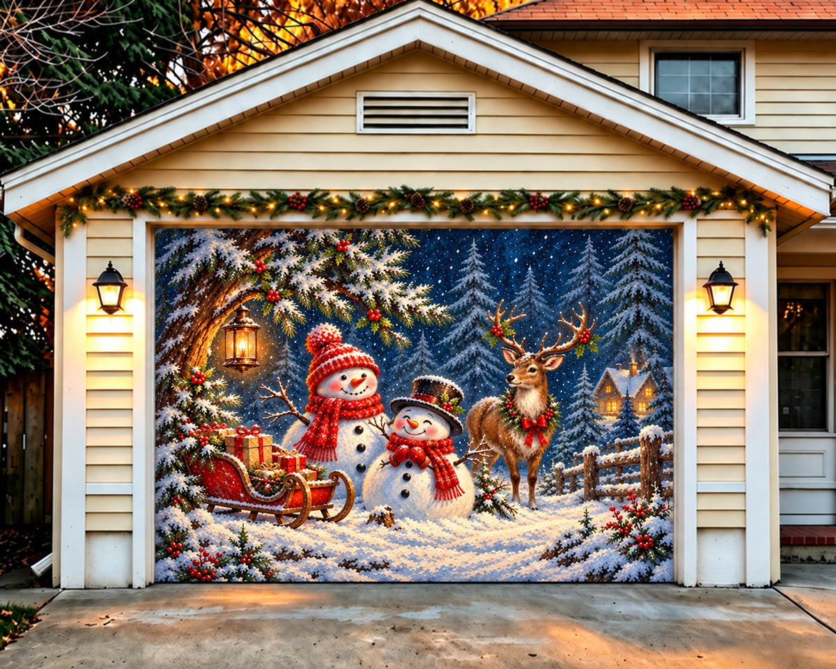 Winter Wonderland Christmas Garage Door Cover Snowmen Reindeer Forest Christmas Garage Door Banner Decoration HQ610-12-1 Car