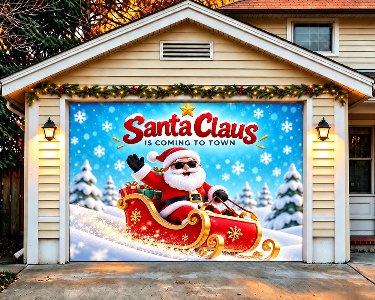 Santa Claus Christmas Garage Door Cover Festive Sleigh Snowy Christmas Garage Door Banner Decoration HQ610-120-1 Car