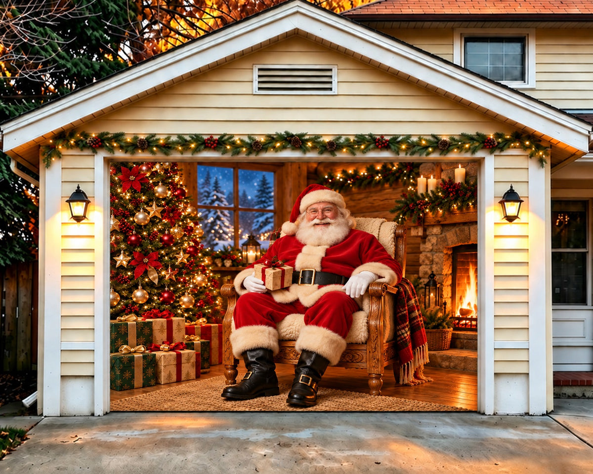 Santa Fireplace Christmas Garage Door Cover Rustic Gift Tree Christmas Garage Door Decoration HQ610-122-1 Car