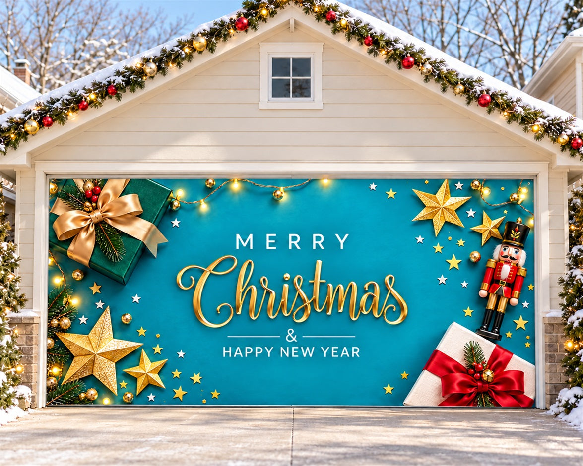 Christmas Ornament Garage Door Cover Golden Nutcracker Teal Outdoor Christmas Garage Door Decoration HQ610-125-2 Car