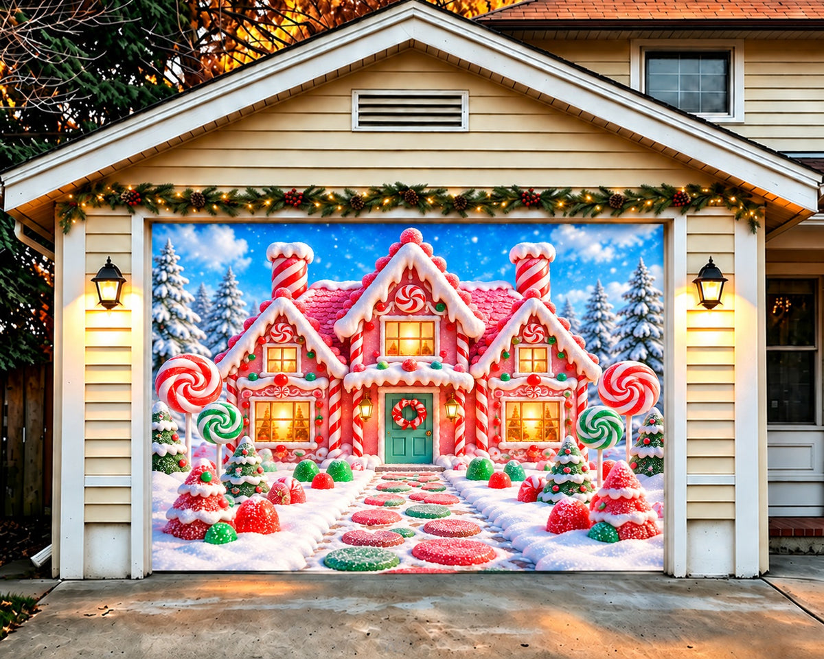 Candyland Christmas Garage Door Banner Pink Candy Cottage Christmas Garage Door Cover HQ610-130-1 Car