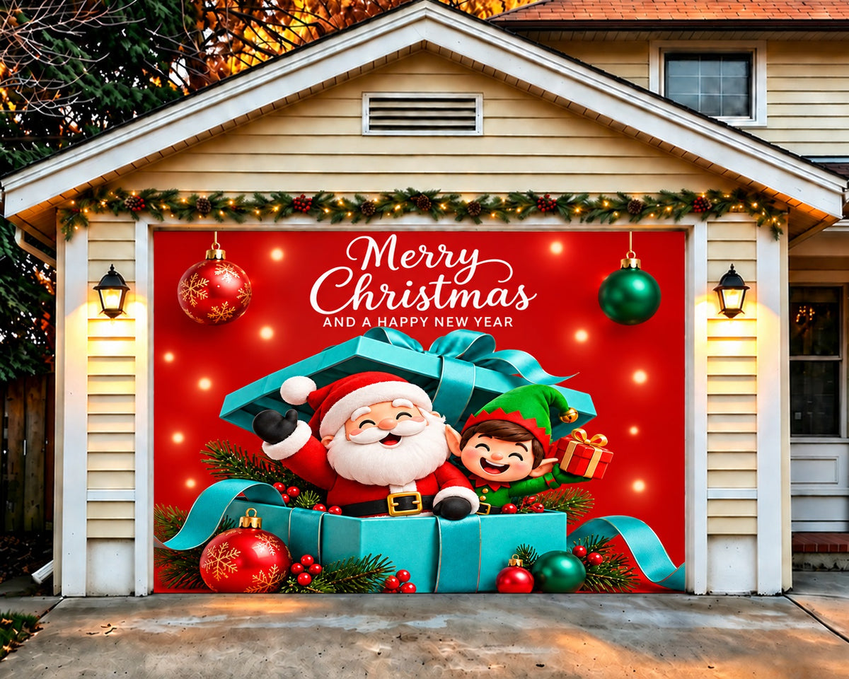 Christmas Party Garage Door Cover Santa Elf Giftbox Christmas Garage Door Decor HQ610-132-1 Car