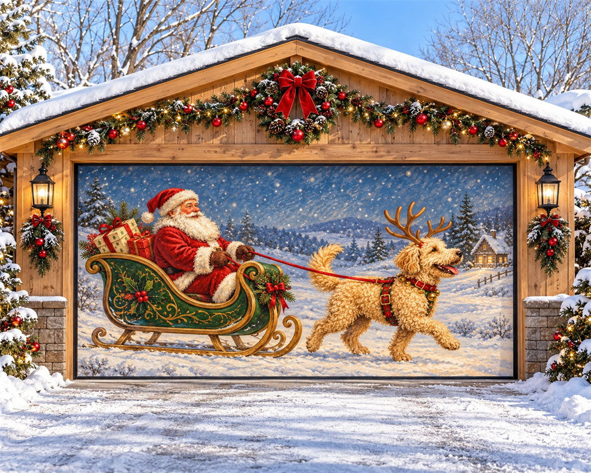 Santa Christmas Garage Door Cover Snowy Sleigh Dog Christmas Garage Door Banner HQ610-133-2 Car