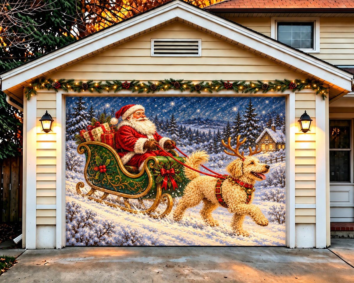 Santa Christmas Garage Door Cover Snowy Sleigh Dog Christmas Garage Door Banner HQ610-133-1 Car