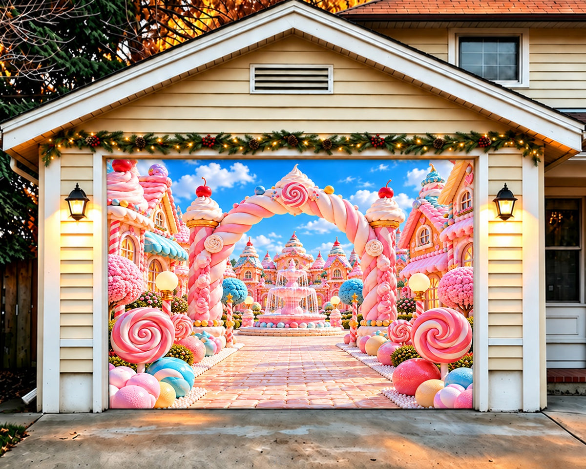 Candyland Christmas Garage Door Banner Pink Arch Kingdom Outdoor Christmas Garage Door Decoration HQ610-134-1 Car