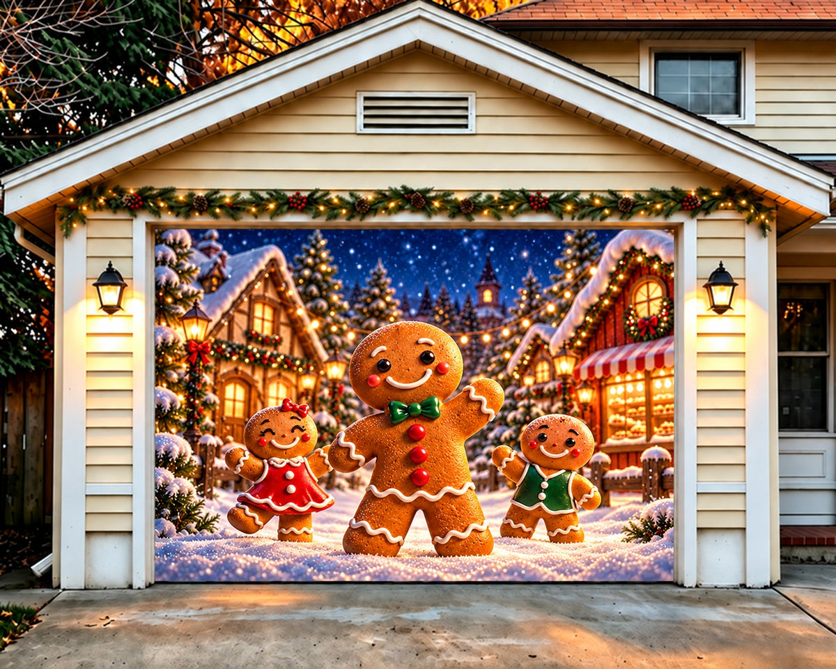 Gingerbread Christmas Garage Door Cover Snow Family Village Christmas Holiday Garage Door Cover HQ610-136-1 Car