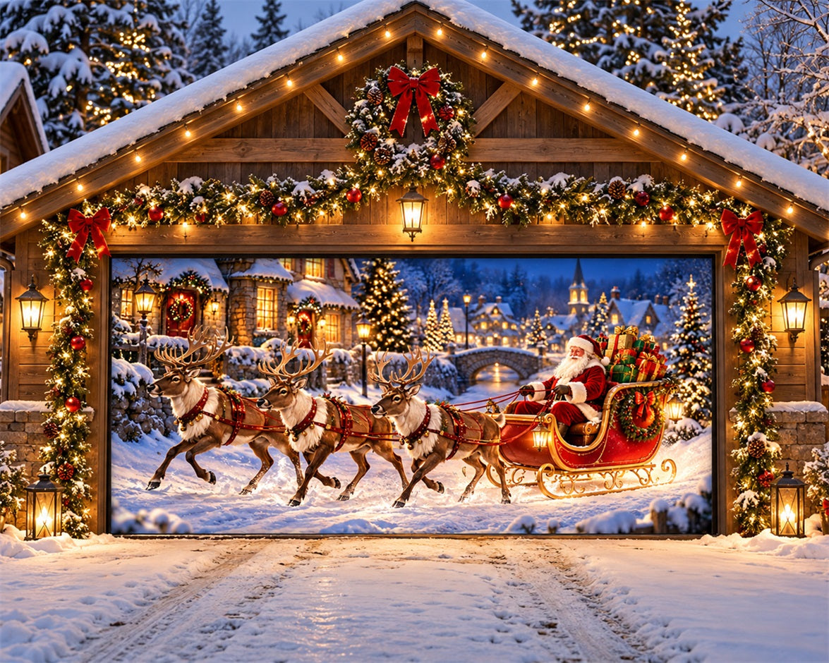 Santa Reindeer Christmas Garage Door Cover Snow Village Sleigh Christmas Garage Door Decoration HQ610-14-2 Car