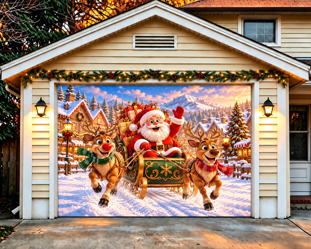 Santa Reindeer Christmas Garage Door Cover Sleigh Festive Village Christmas Garage Door Decor HQ610-141-1 Car
