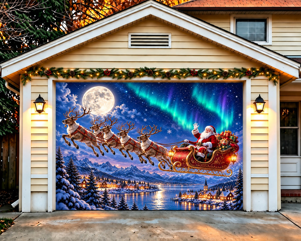 Santa Reindeer Christmas Garage Door Cover Wonderland Aurora Sleigh Outdoor Christmas Garage Door Decoration HQ610-143-1 Car