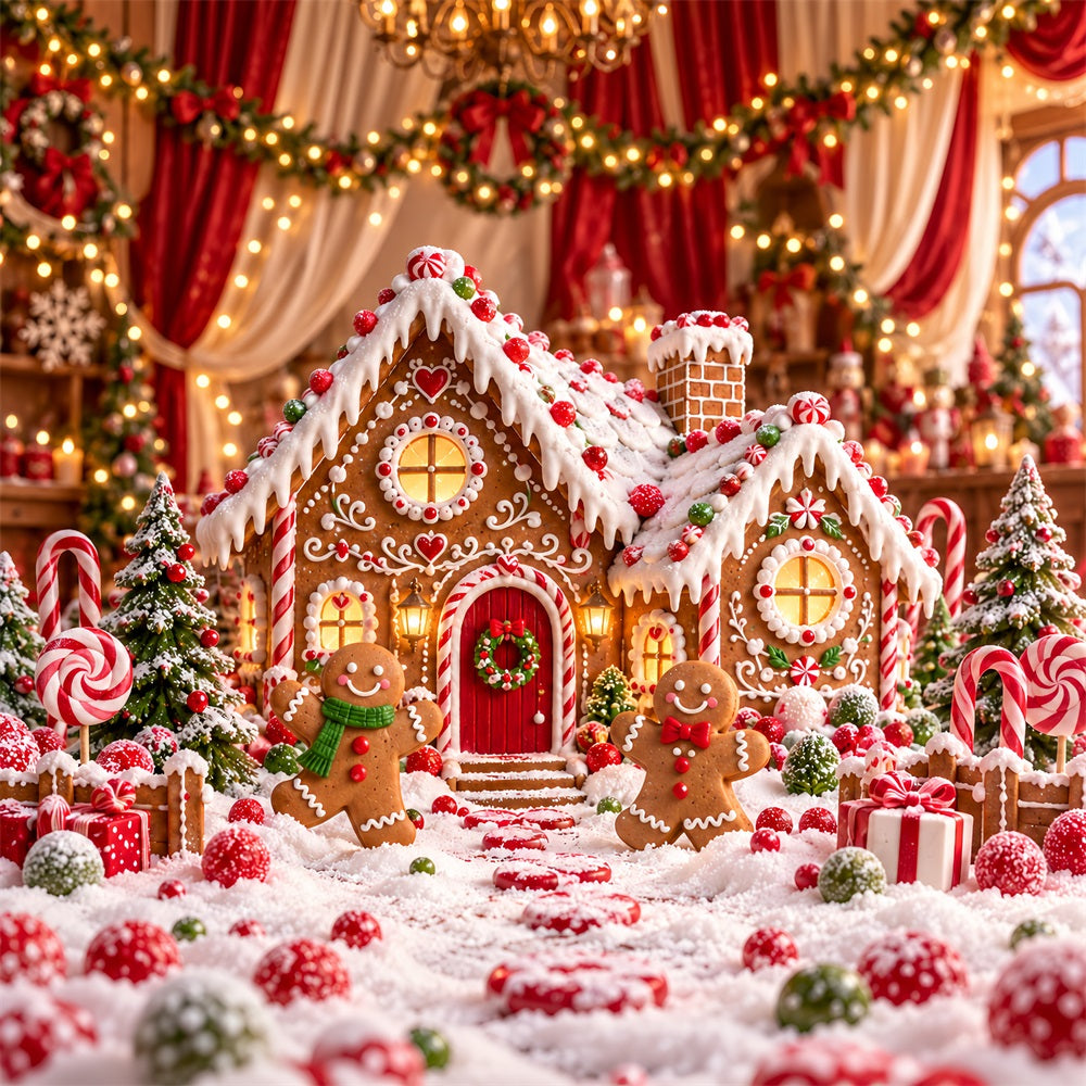 Gingerbread House Photo Backdrop Cartoon Cottage Candy Bokeh Christmas Photo Booth Backdrop HQ610-151