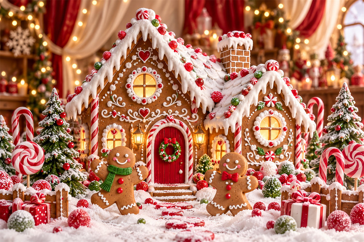 Gingerbread House Photo Backdrop Cartoon Cottage Candy Bokeh Christmas Photo Booth Backdrop HQ610-151