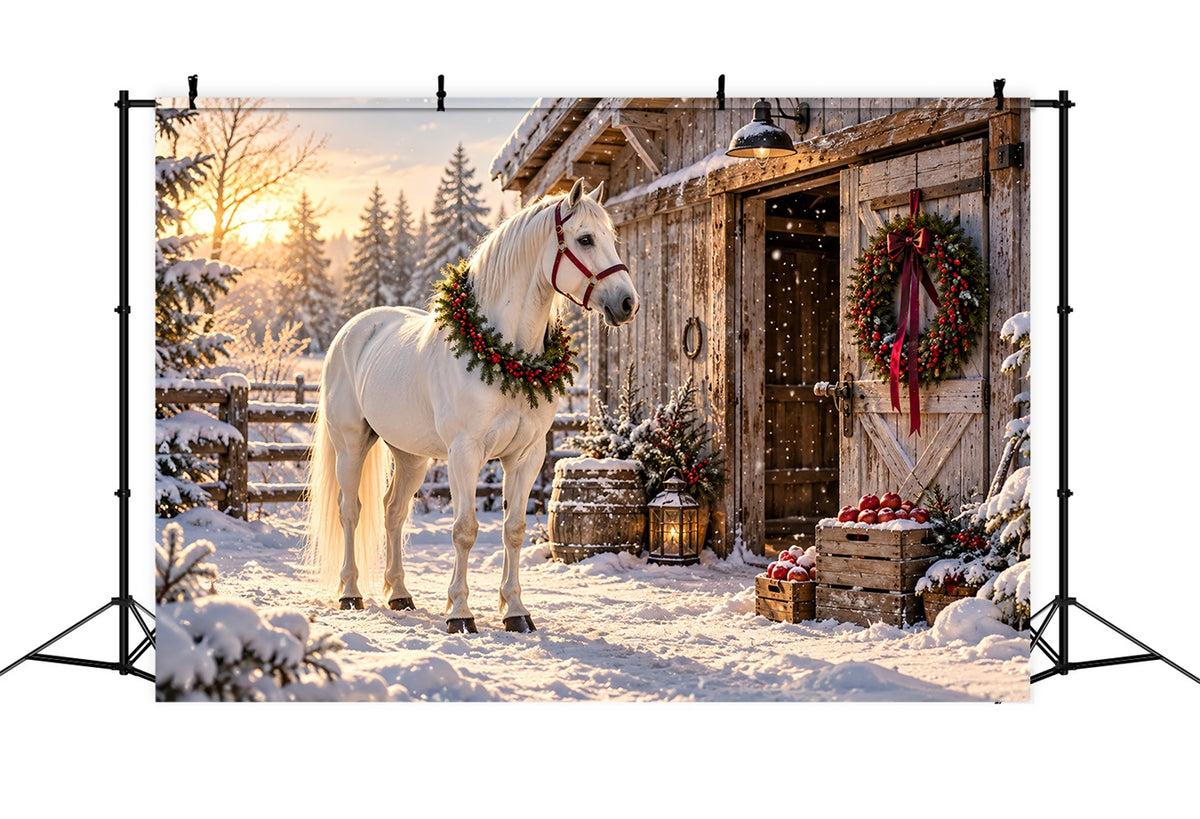 Western Christmas Backdrop White Horse Festive Barn Christmas Backdrop Photoshoot HQ610-152