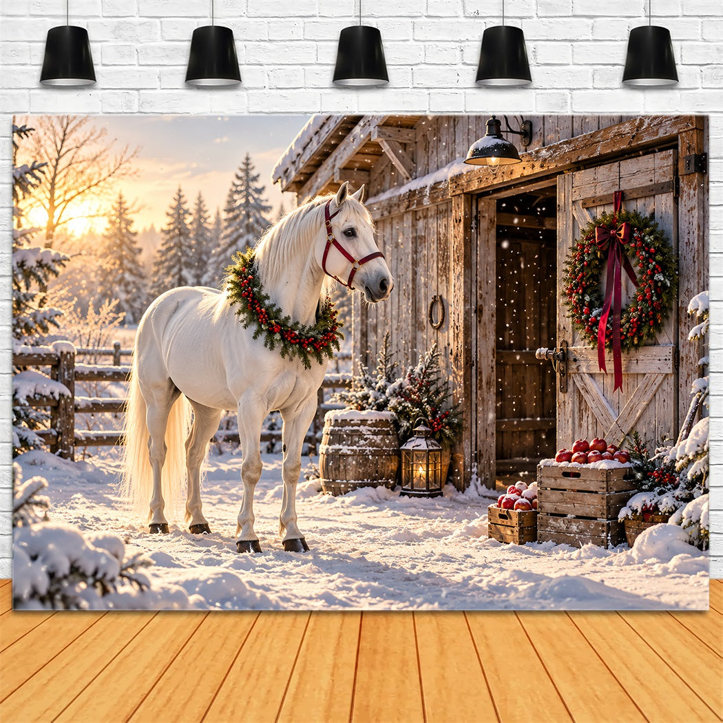 Western Christmas Backdrop White Horse Festive Barn Christmas Backdrop Photoshoot HQ610-152