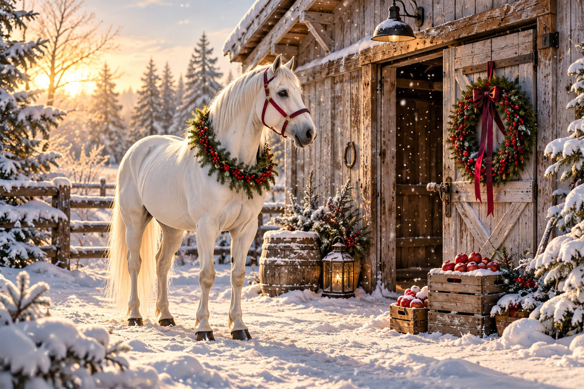 Western Christmas Backdrop White Horse Festive Barn Christmas Backdrop Photoshoot HQ610-152