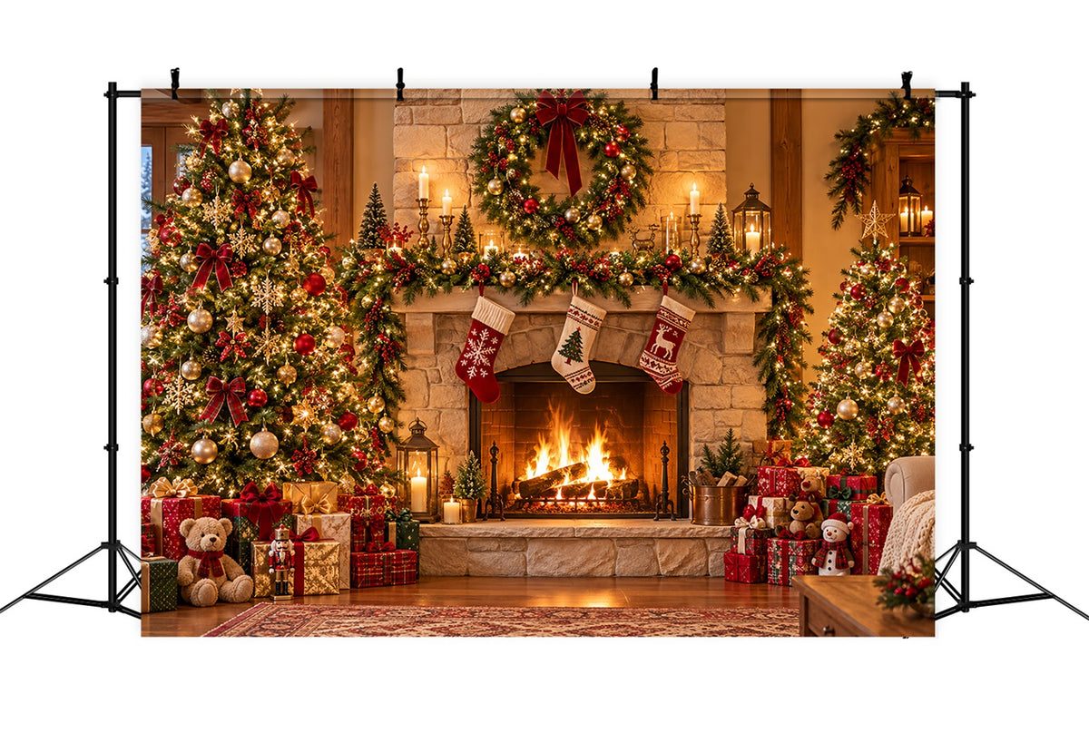 Santa Photo Backdrop Rustic Fireplace Stocking Mantel Christmas Village Backdrop Ideas HQ610-153