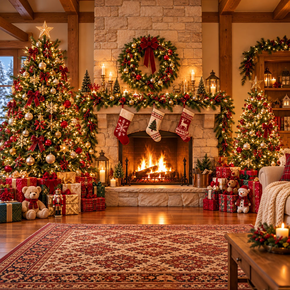 Santa Photo Backdrop Rustic Fireplace Stocking Mantel Christmas Village Backdrop Ideas HQ610-153