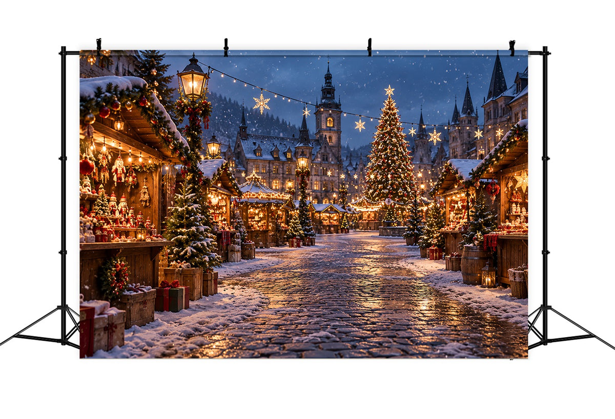 Christmas Town Backdrops Winter Snowy Market Square Christmas Backdrop Photos HQ610-155