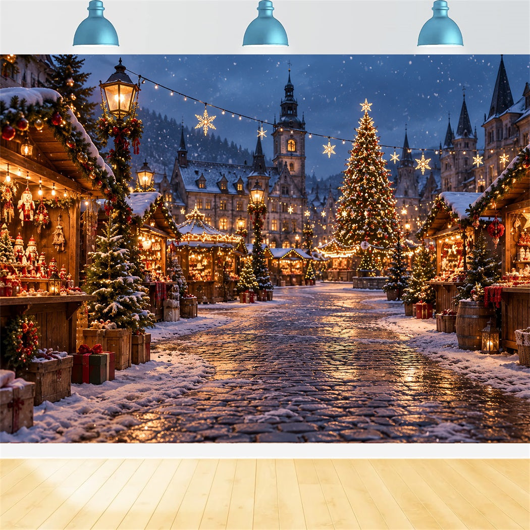 Christmas Town Backdrops Winter Snowy Market Square Christmas Backdrop Photos HQ610-155