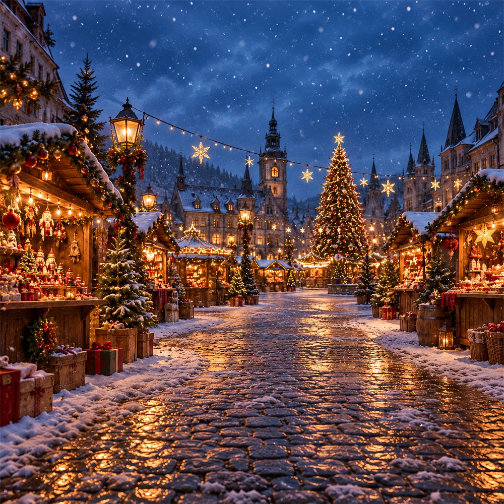 Christmas Town Backdrops Winter Snowy Market Square Christmas Backdrop Photos HQ610-155