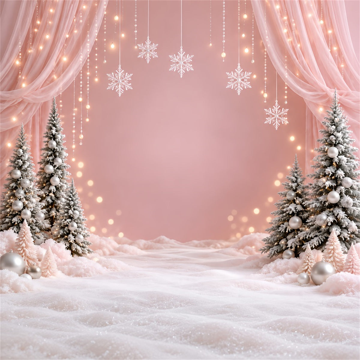 Winter Christmas Backdrop Blush Snowflake Wonderland Christmas Theme Backdrops HQ610-156
