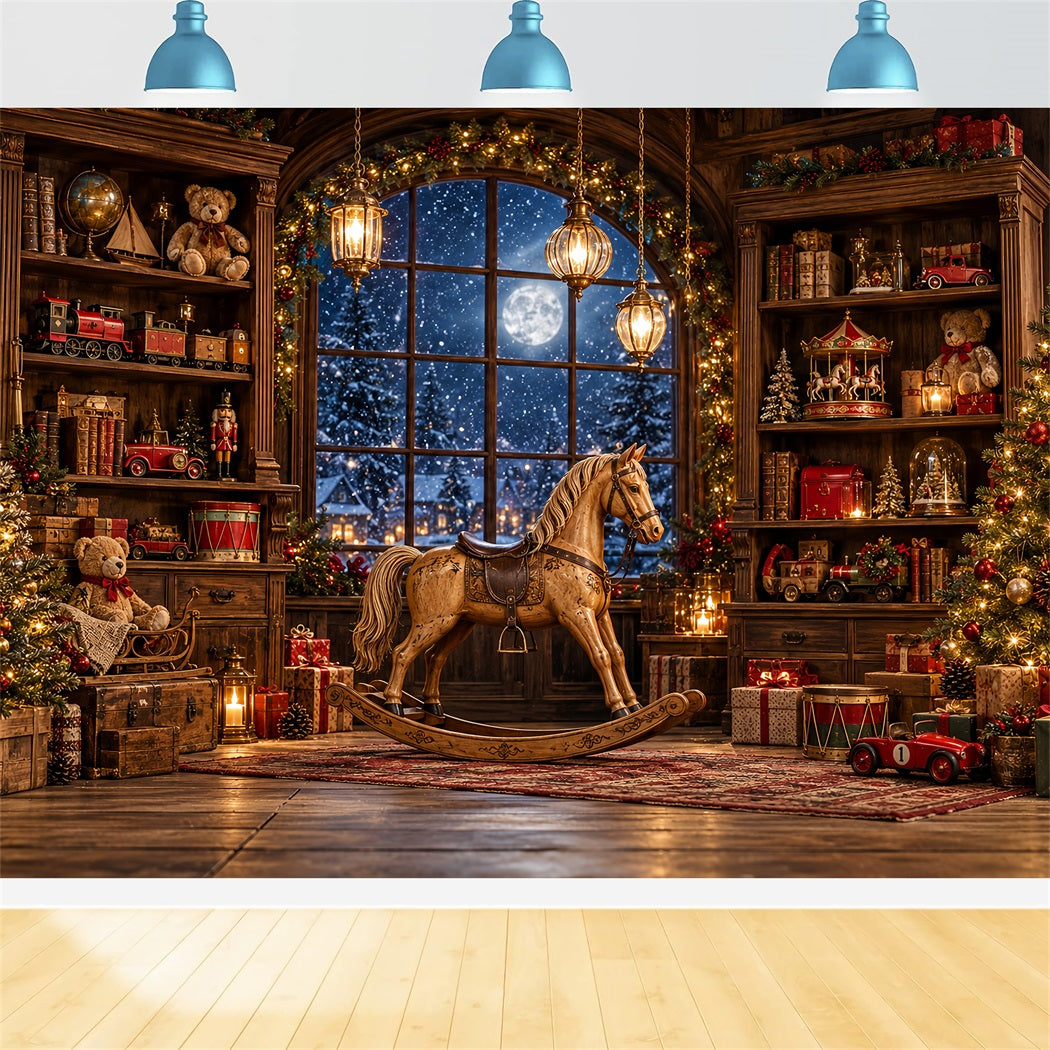 Santa Workshop Backdrop Antique Rocking Horse Xmas Backdrops Photography HQ610-157