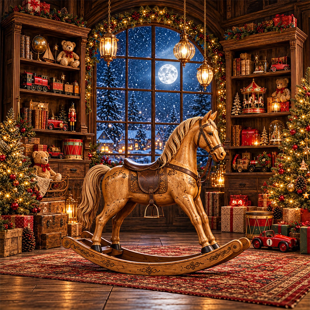 Santa Workshop Backdrop Antique Rocking Horse Xmas Backdrops Photography HQ610-157