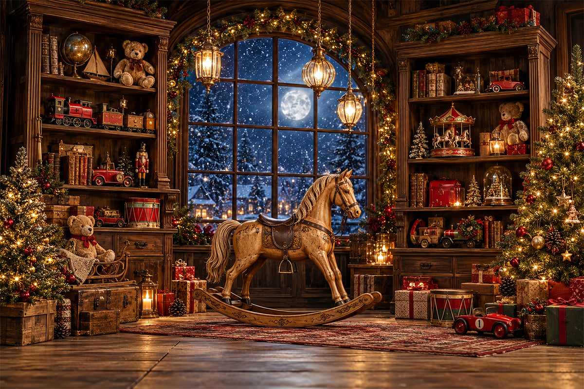 Santa Workshop Backdrop Antique Rocking Horse Xmas Backdrops Photography HQ610-157