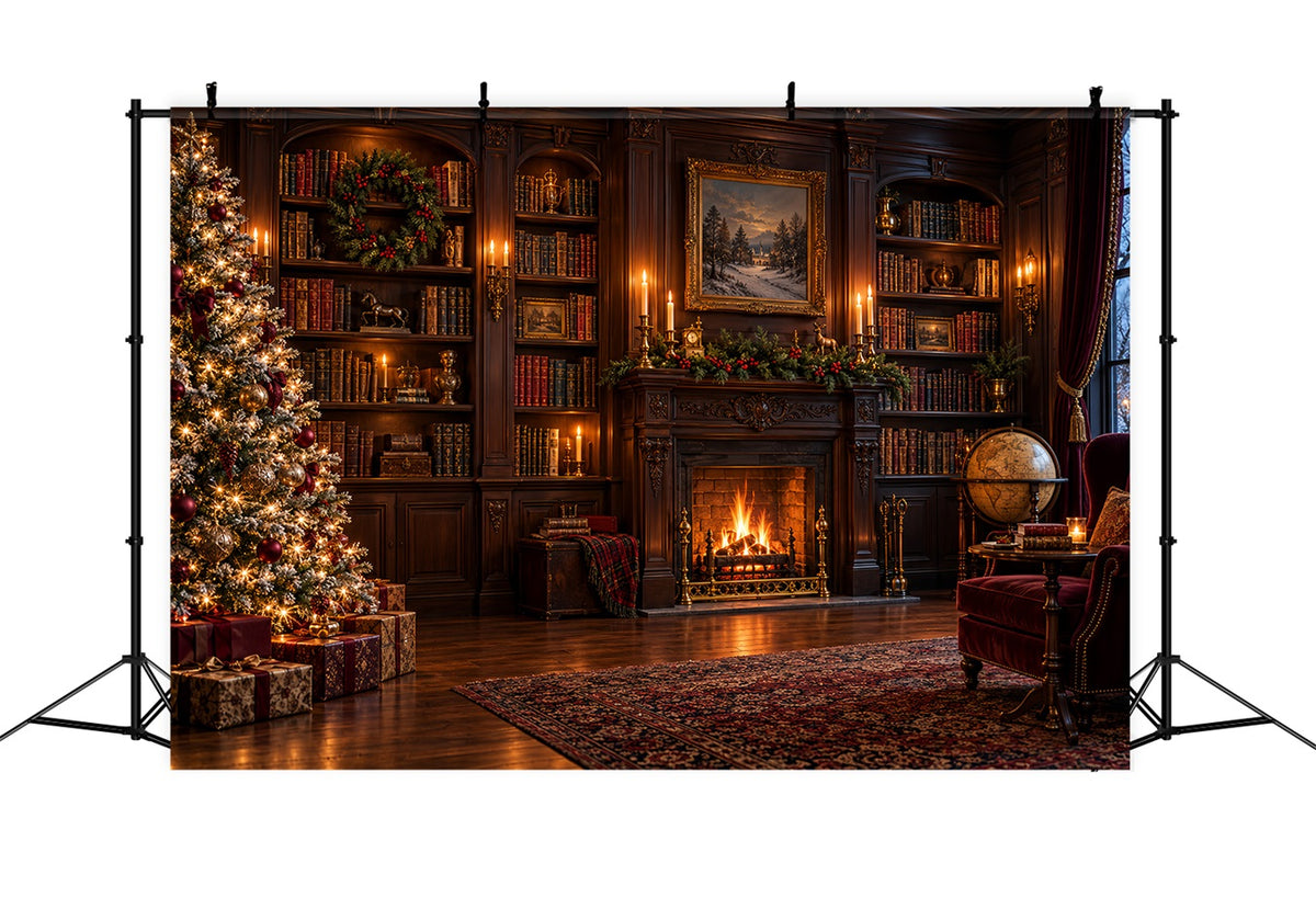 Victorian Christmas Backdrops Vintage Fireplace Library Christmas Holiday Backdrops HQ610-158