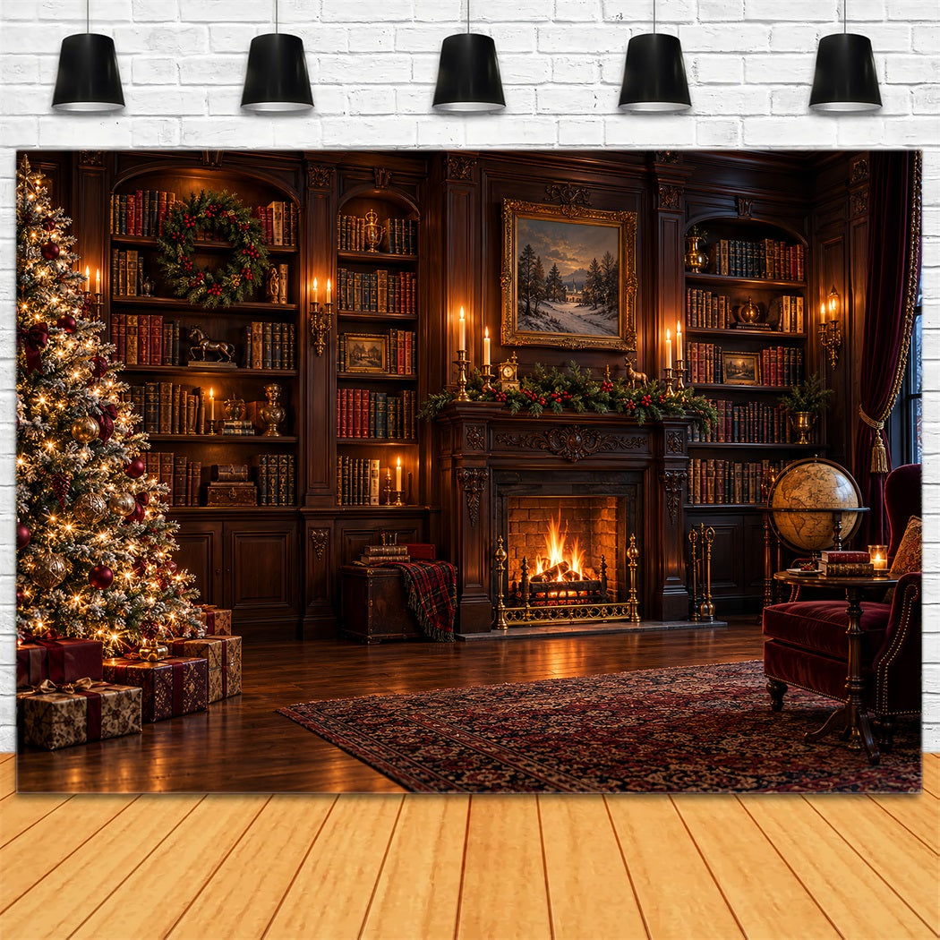 Victorian Christmas Backdrops Vintage Fireplace Library Christmas Holiday Backdrops HQ610-158