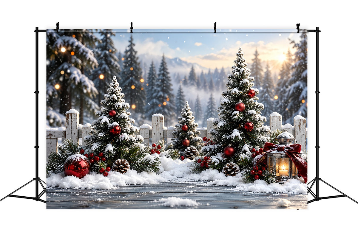 Christmas Tree Forest Backdrop Snowy Red Ornament Fence Xmas Backdrop for Photos HQ610-159