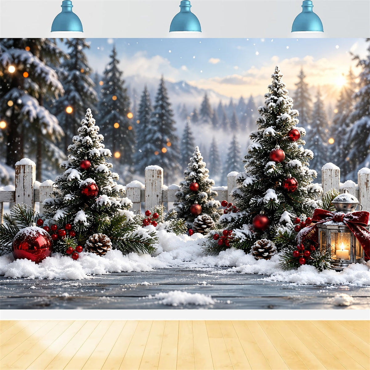 Christmas Tree Forest Backdrop Snowy Red Ornament Fence Xmas Backdrop for Photos HQ610-159